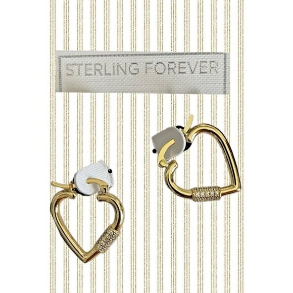 Sterling Forever 14K GP Brass Open Heart Shaped CZ Accent Hoop Earrings - Picture 1 of 2